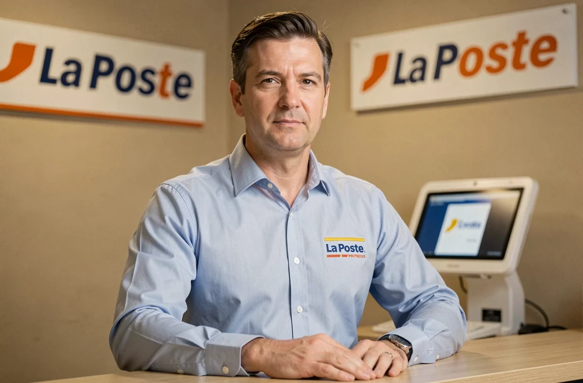 Agent La Poste en chemise de travail officielle derrière le comptoir d'une agence postale française