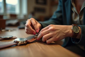 Femme ajustant une montre double bracelet en cuir avec un outil de réglage sur un établi en bois