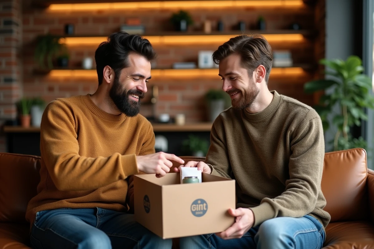 Deux hommes comparant ensemble le contenu d'une box abonnement masculine dans un espace convivial de type café
