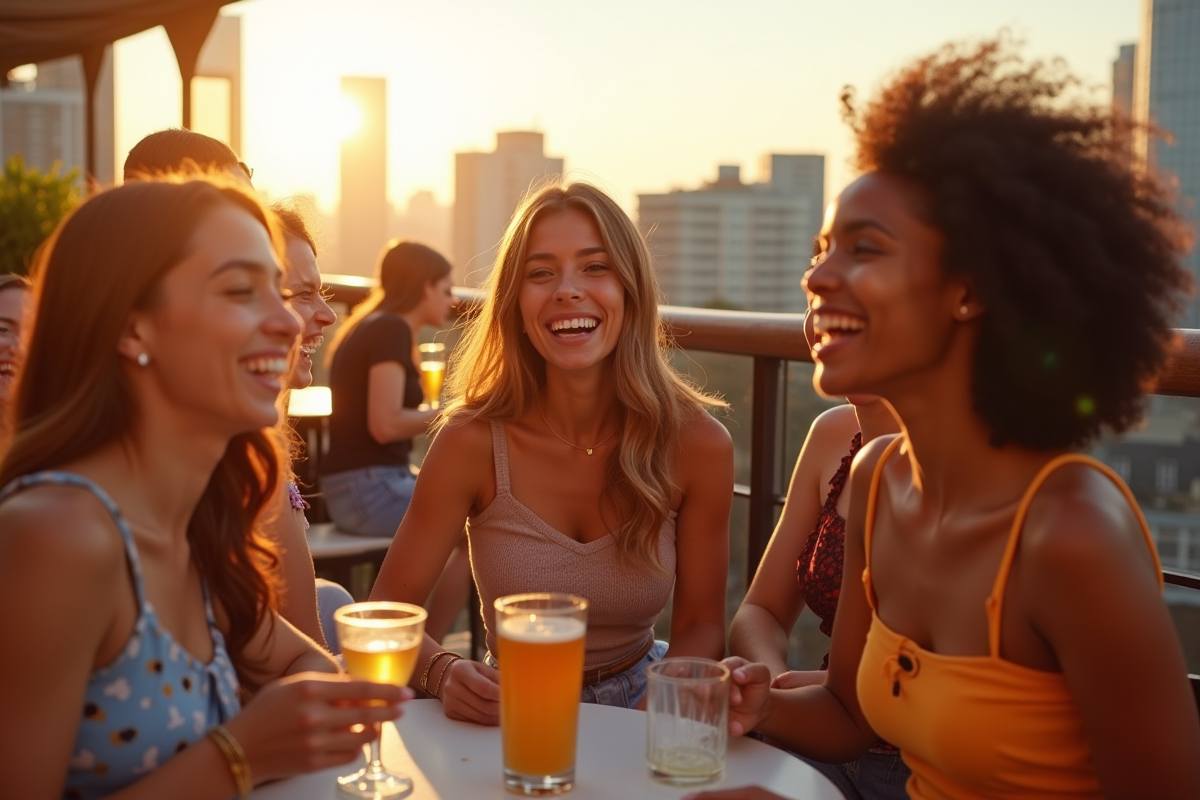 Groupe d amis souriants en crop tops sur un rooftop en soirée