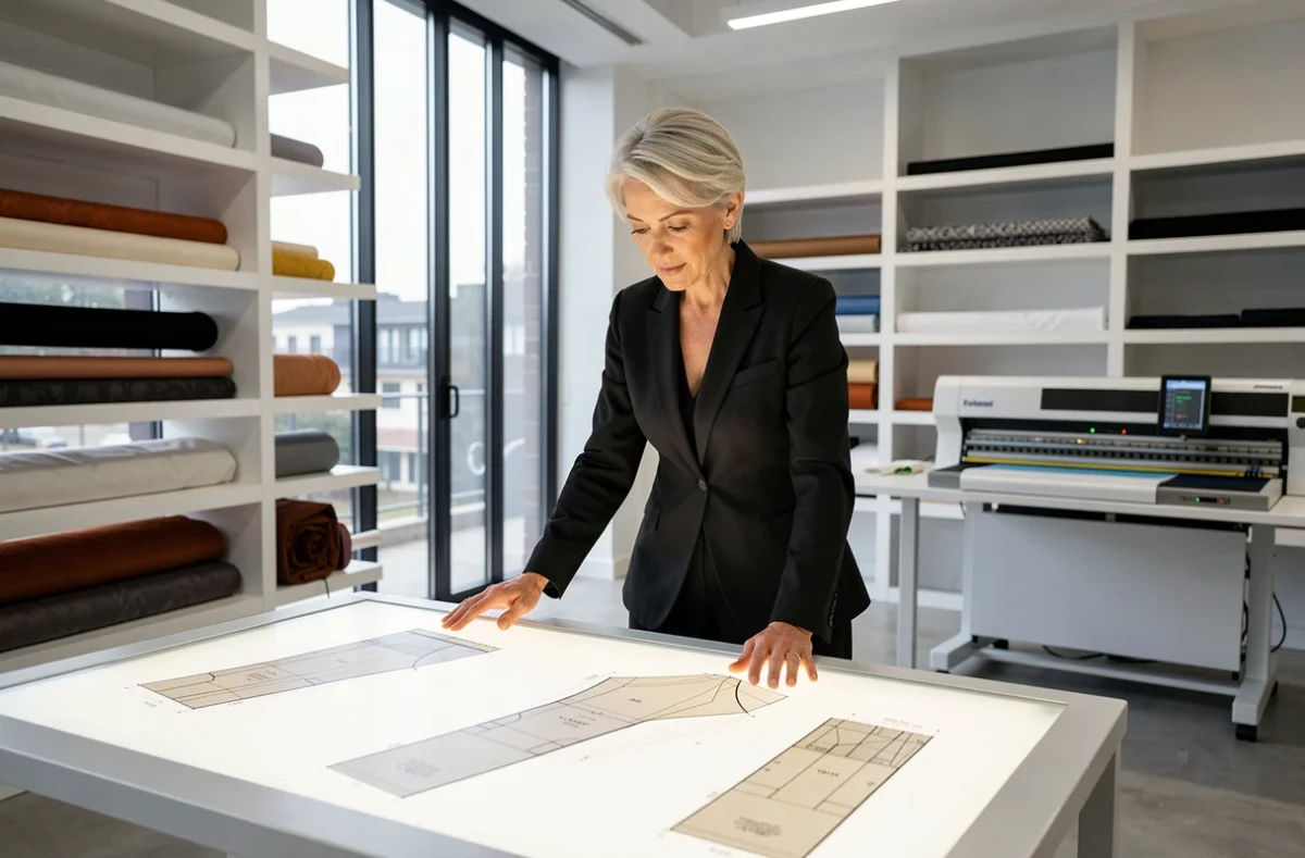La créatrice d'Archea examine un patron technique sur une table lumineuse dans un atelier de mode contemporain aux lignes architecturales et à l'organisation soignée.