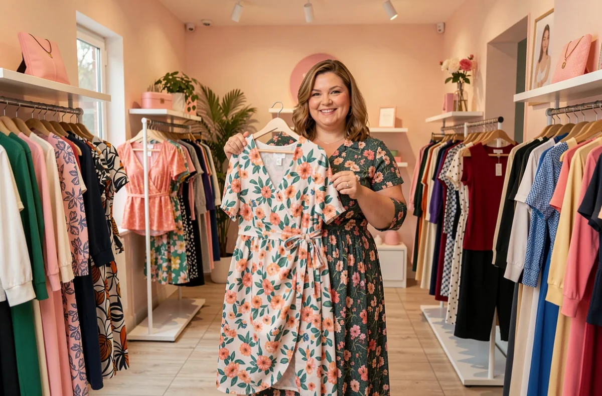 Intérieur de L'Armoire de Chloé boutique grande taille à La Talaudière avec des robes et tenues stylées pour femmes rondes