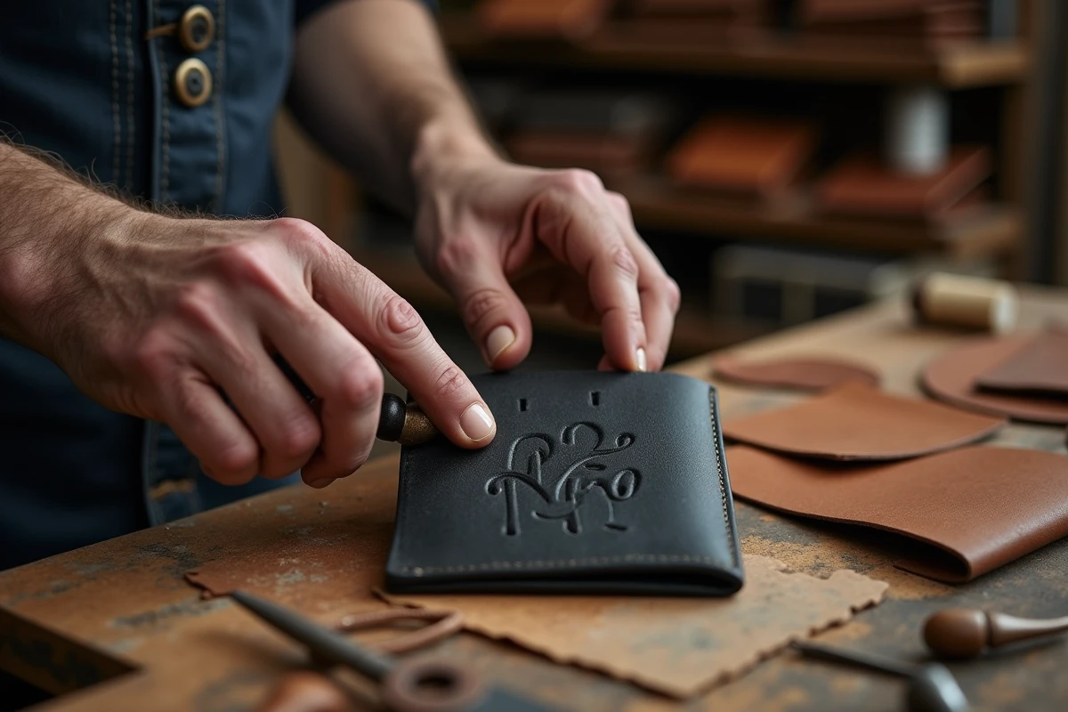 Artisan gravant un monogramme personnalisé sur un portefeuille en cuir noir dans un atelier de maroquinerie