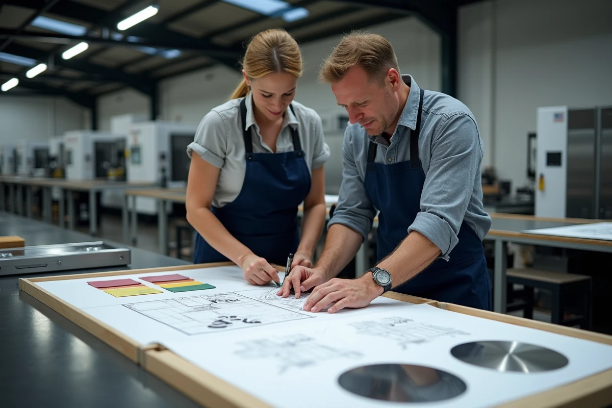 Deux artisans français collaborant sur la conception d'un cadran de montre homme personnalisé en atelier