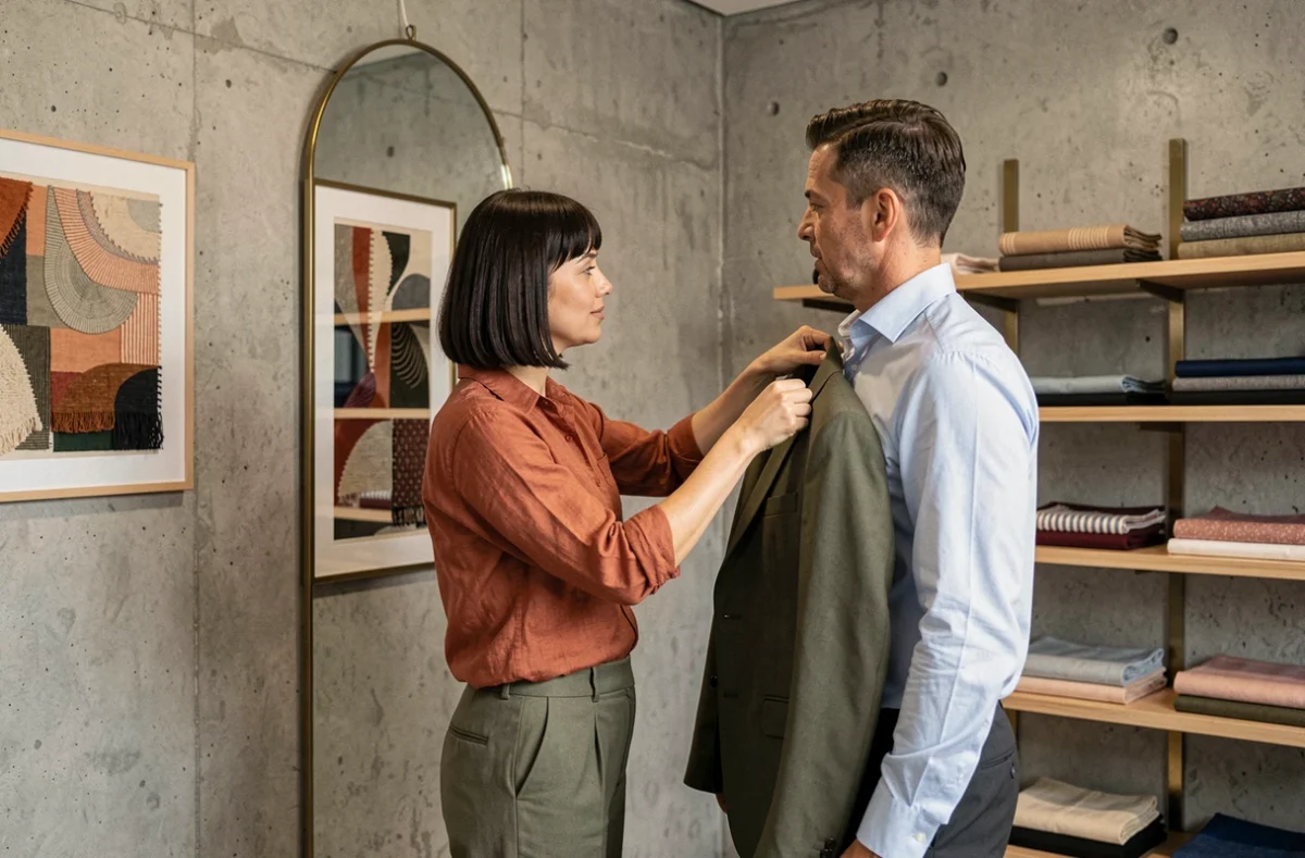 Une artisane de l'Atelier Coqlico effectue un essayage d'une veste sur mesure sur un client dans un espace de création contemporain au style épuré.