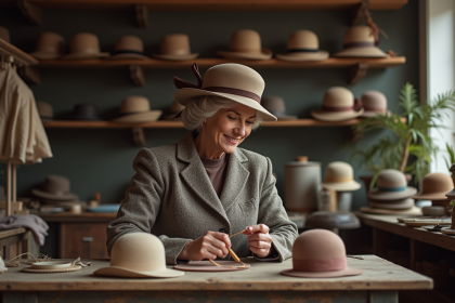 Femme milliner travaillant un chapeau en feutre dans son atelier