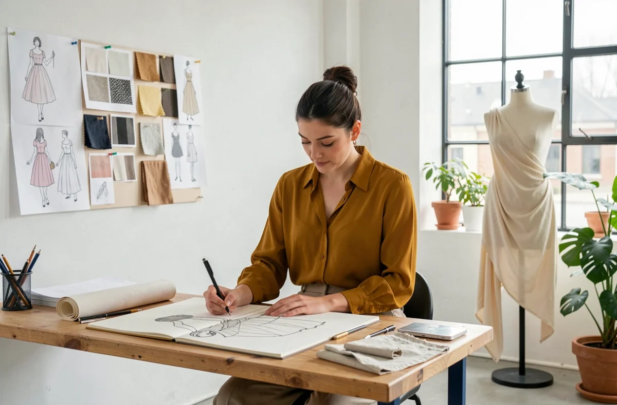 Une créatrice d'Atelier NA esquisse un patron de vêtement sur mesure dans son studio de création contemporain avec des planches d'inspiration et une cabine d'essayage.