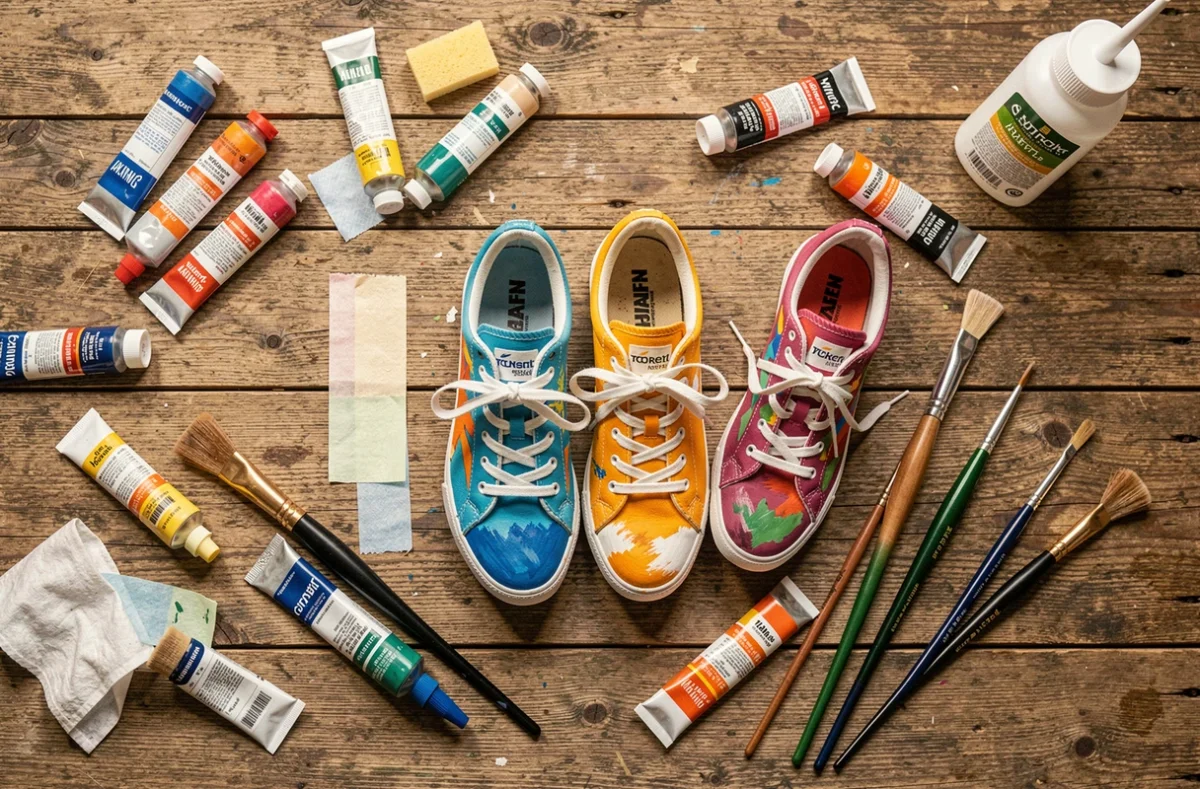 Vue du dessus d'un atelier de peinture sur chaussures avec baskets personnalisées, pinceaux et tubes de peinture acrylique