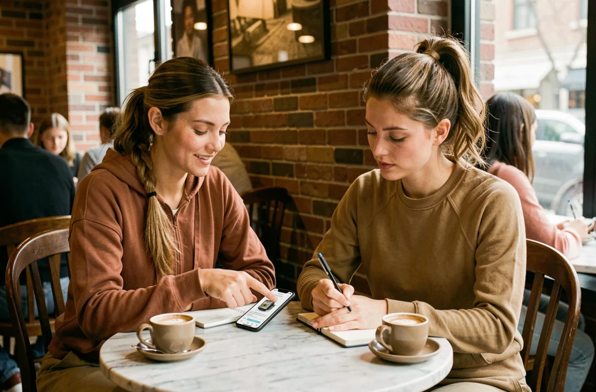 Deux femmes consultant des avis clients sur la marque Halara avant un achat, prenant des notes pour éviter les mauvaises surprises