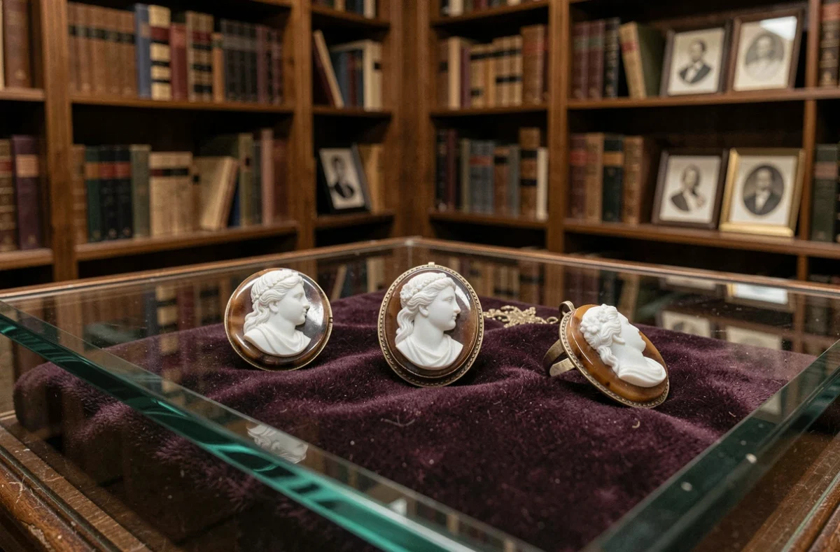 Vitrine d'antiquaire présentant trois bijoux camées en agate sur velours sombre — broche, bague et pendentif — avec décors de portraits classiques en relief, évoquant la protection spirituelle et l'héritage culturel