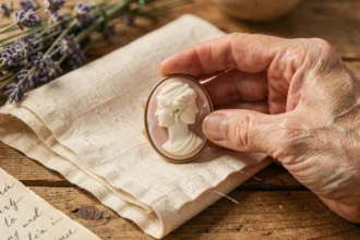 Main de femme mature tenant un camée antique en coquille rose sur tissu de lin crème, entouré de lavande séchée et d'une lettre manuscrite, symbolisant l'héritage spirituel et la mémoire familiale