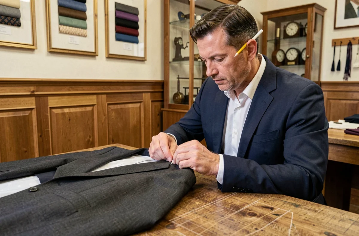 Un maître tailleur de Blandin et Delloye réalise des finitions à la main sur un veston en laine sur mesure dans son atelier élégant.