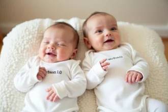 Deux bébés jumeaux portant des bodies assortis personnalisés avec messages rigolos Version 1.0 et Version 2.0