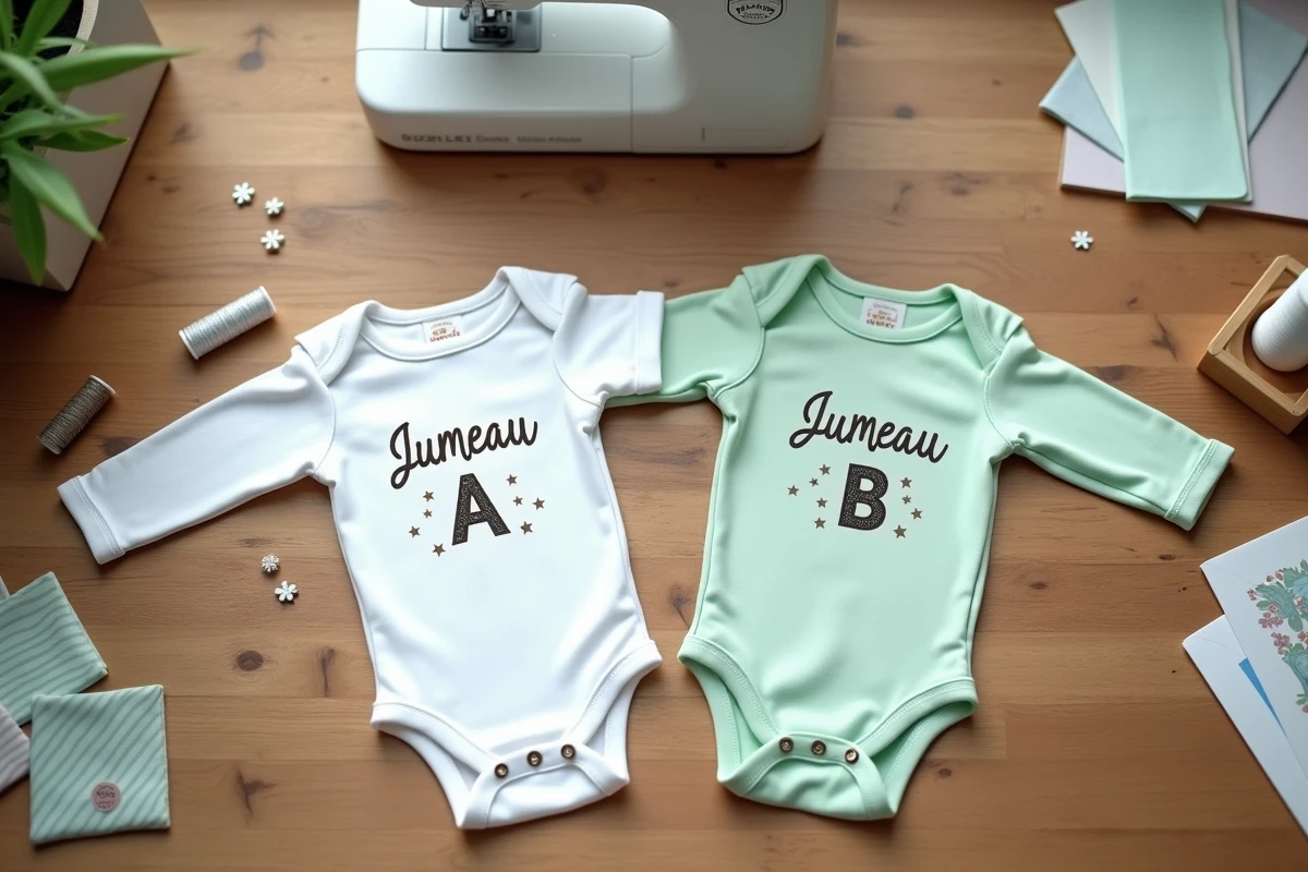 Deux bodies bébé personnalisés à plat sur une table en bois avec inscriptions Jumeau A et Jumeau B style artisanal