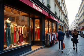Vitrine d une boutique parisienne avec vêtements colorés et jeunes fashionistas