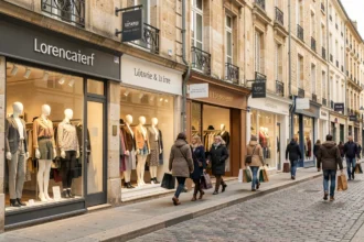 Rue commerçante de la Loire avec des boutiques de vêtements indépendantes et des passants portant des sacs shopping