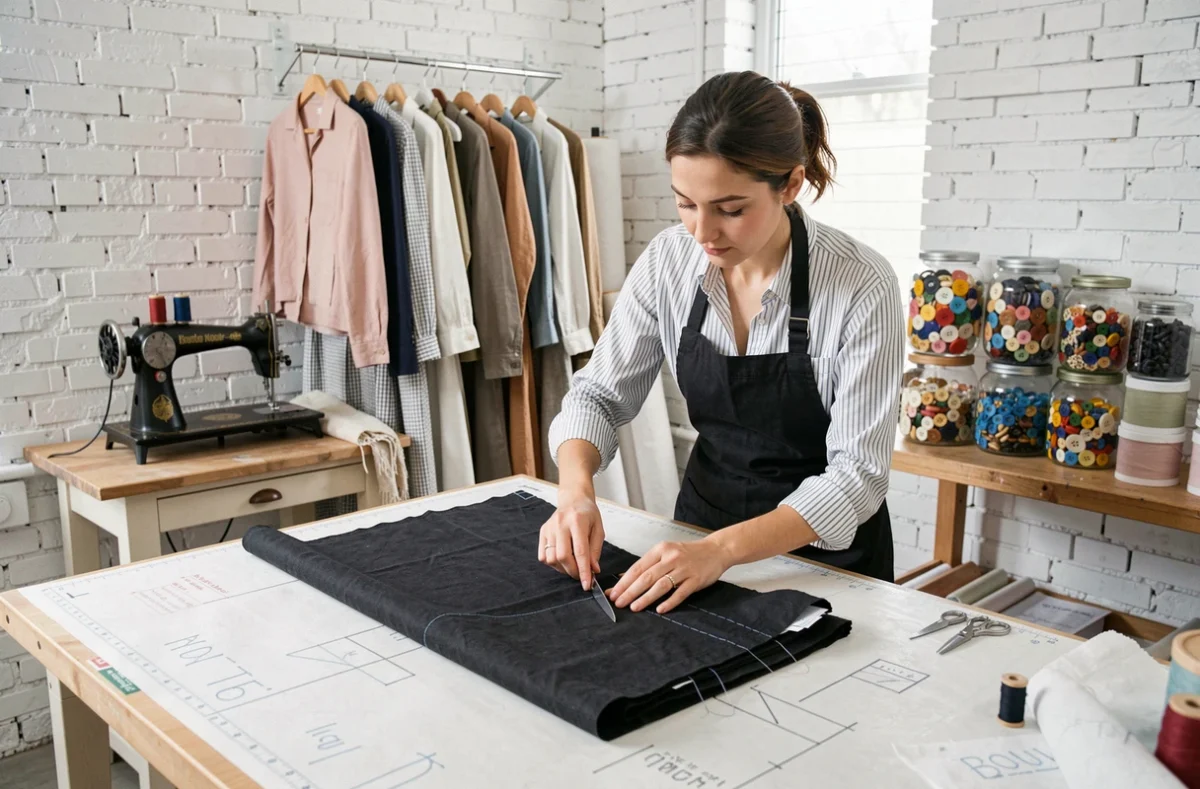 Une couturière de l'atelier Bouton Noir découpe un tissu sur mesure avec précision, entourée de collections de boutons colorés et de vêtements en cours de confection.
