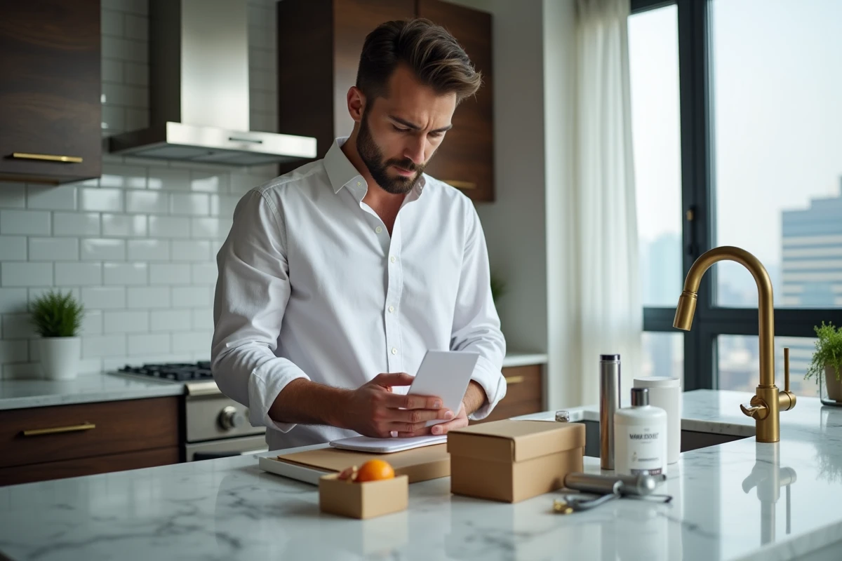 Homme étudiant le contenu d'une box abonnement masculine posée sur un comptoir en marbre dans une cuisine moderne