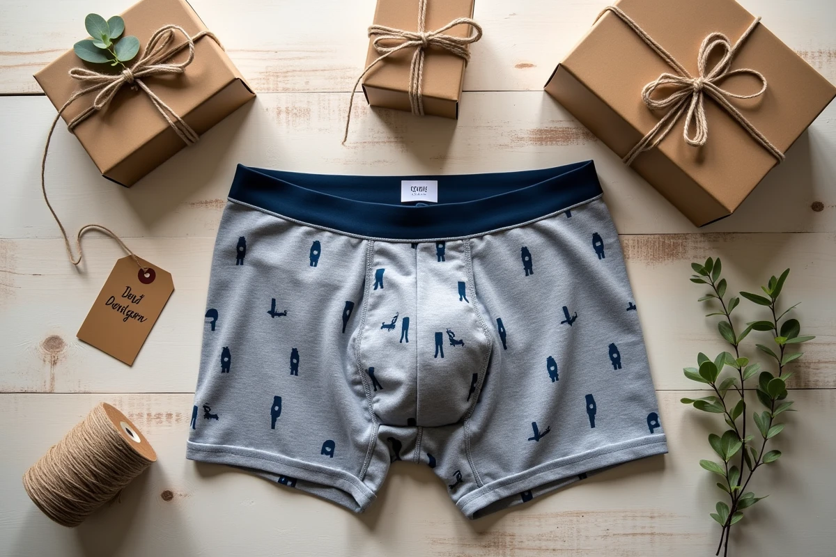 Flat lay d'un boxer personnalisé homme avec accessoires d'emballage cadeau sur table en bois rustique
