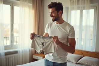 Homme tenant un boxer personnalisé avec monogramme dans une chambre moderne, idée cadeau unique