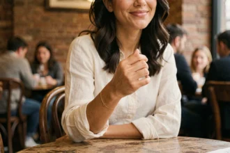 Femme portant un bracelet d'amour en or dans un café parisien pour un anniversaire de rencontre