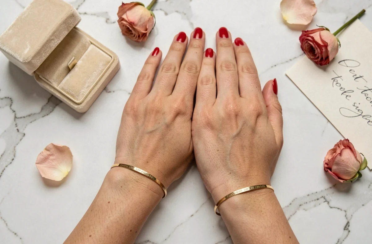 Bracelets d'amour en or assortis présentés dans un écrin avec une carte manuscrite sur marbre blanc pour un anniversaire de rencontre