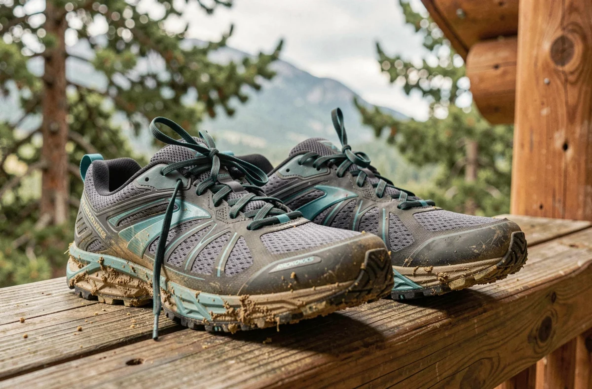 Paire de Brooks Divide 5 homme usée et boueuse posée sur la rambarde d'un chalet en montagne