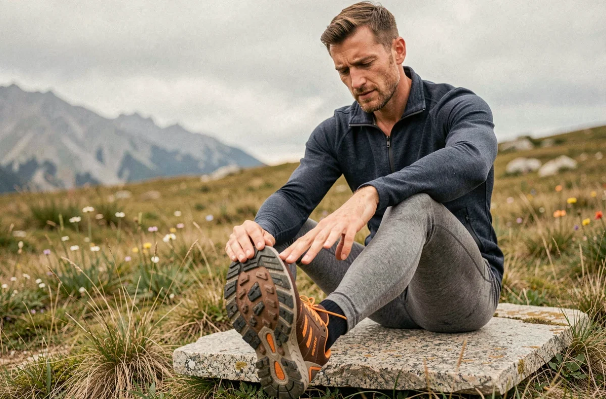 Homme examinant la semelle de ses Brooks Divide 5 assis sur un rocher en prairie alpine