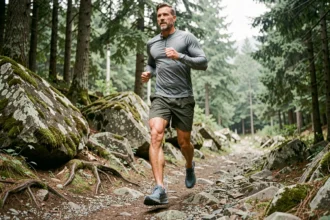Coureur en Brooks Divide 5 homme sur sentier rocheux en forêt de pins, vue trois quarts dynamique
