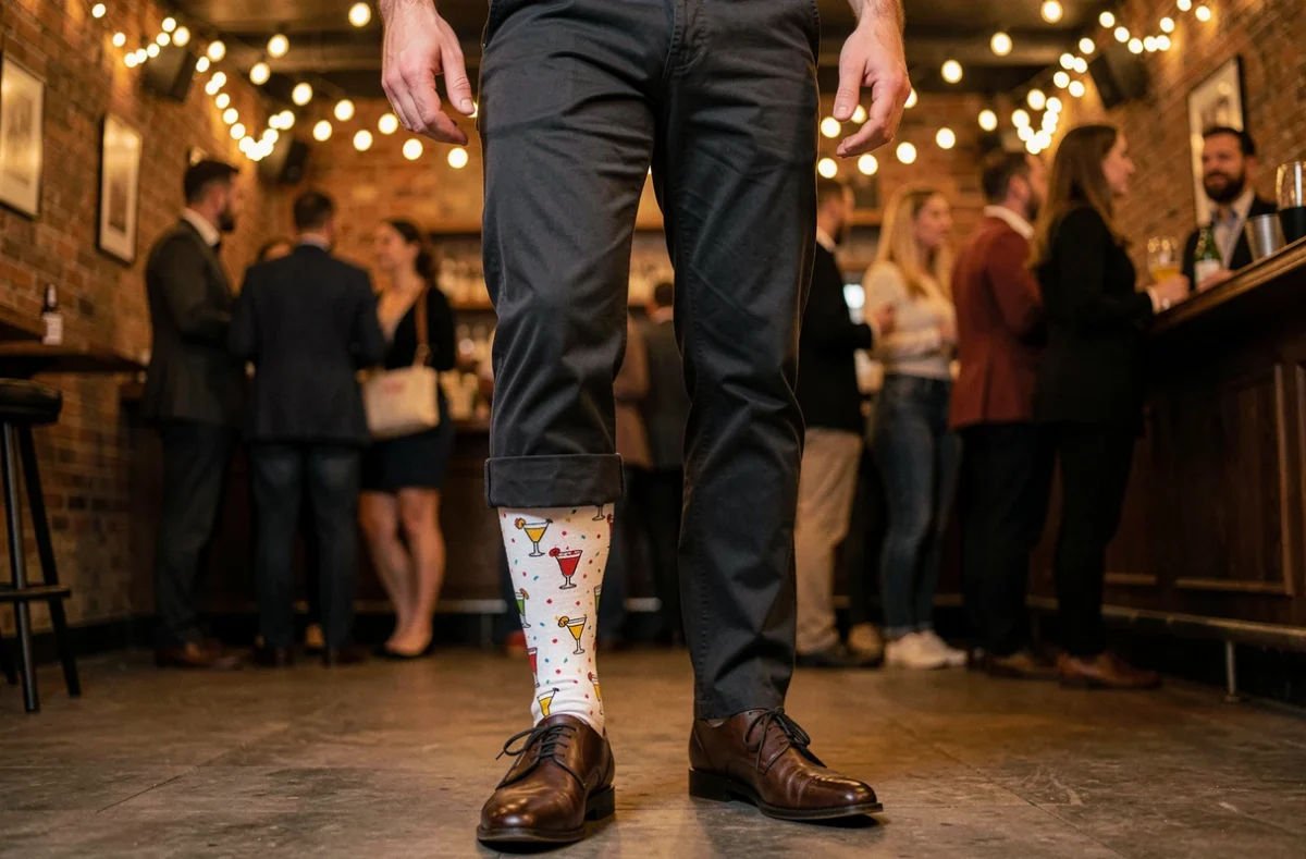 Homme fêtard montrant ses chaussettes fantaisie à motifs cocktails dans un bar festif