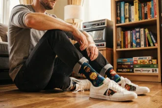 Homme geek portant des chaussettes rigolotes à motifs jeux vidéo pixel art dans un salon cosy