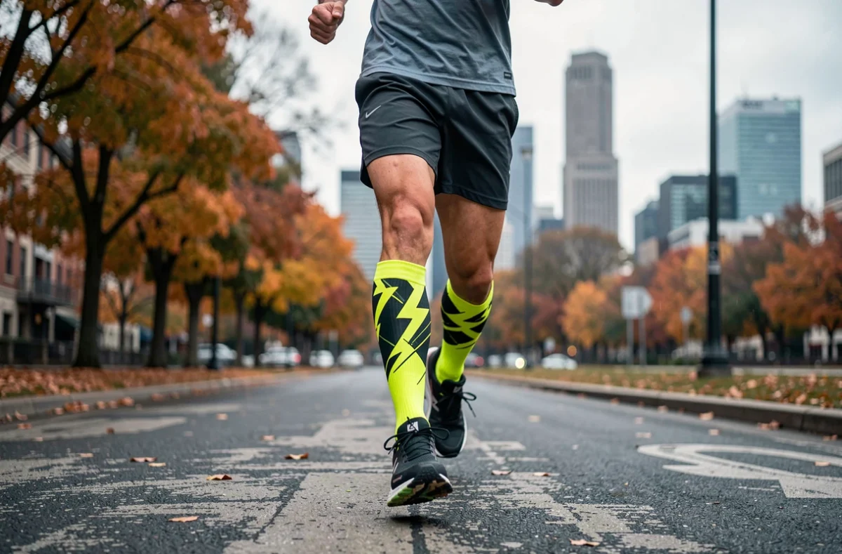 Homme sportif portant des chaussettes colorées à motifs géométriques pendant une séance de jogging en ville