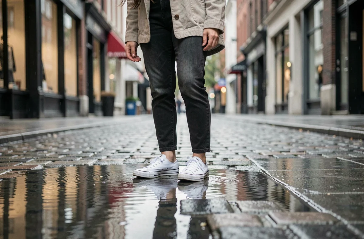Femme portant des chaussures blanches peintes résistantes à la pluie sur un trottoir mouillé en milieu urbain