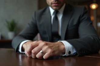 Homme en costume portant une chevalière en or blanc trop épaisse au petit doigt, erreur de proportion à éviter