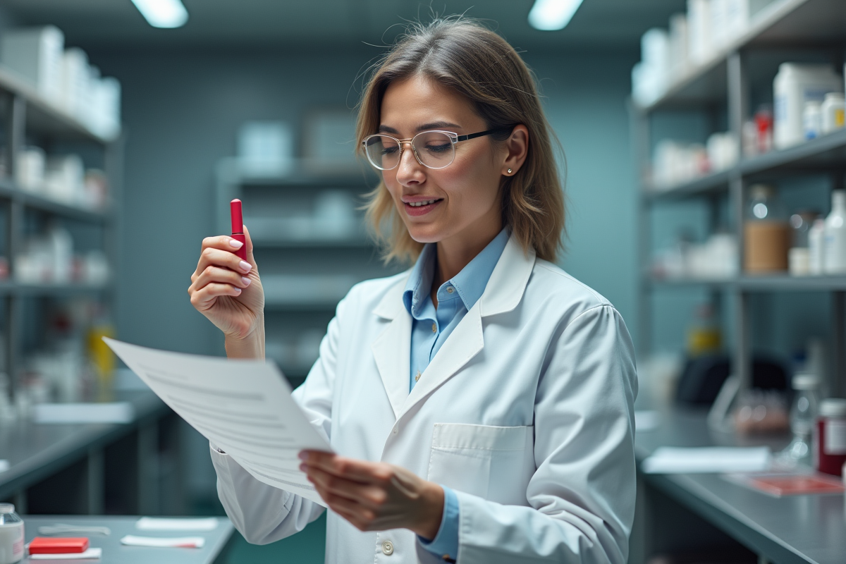 Chimiste en laboratoire examinant un échantillon de rouge à lèvres