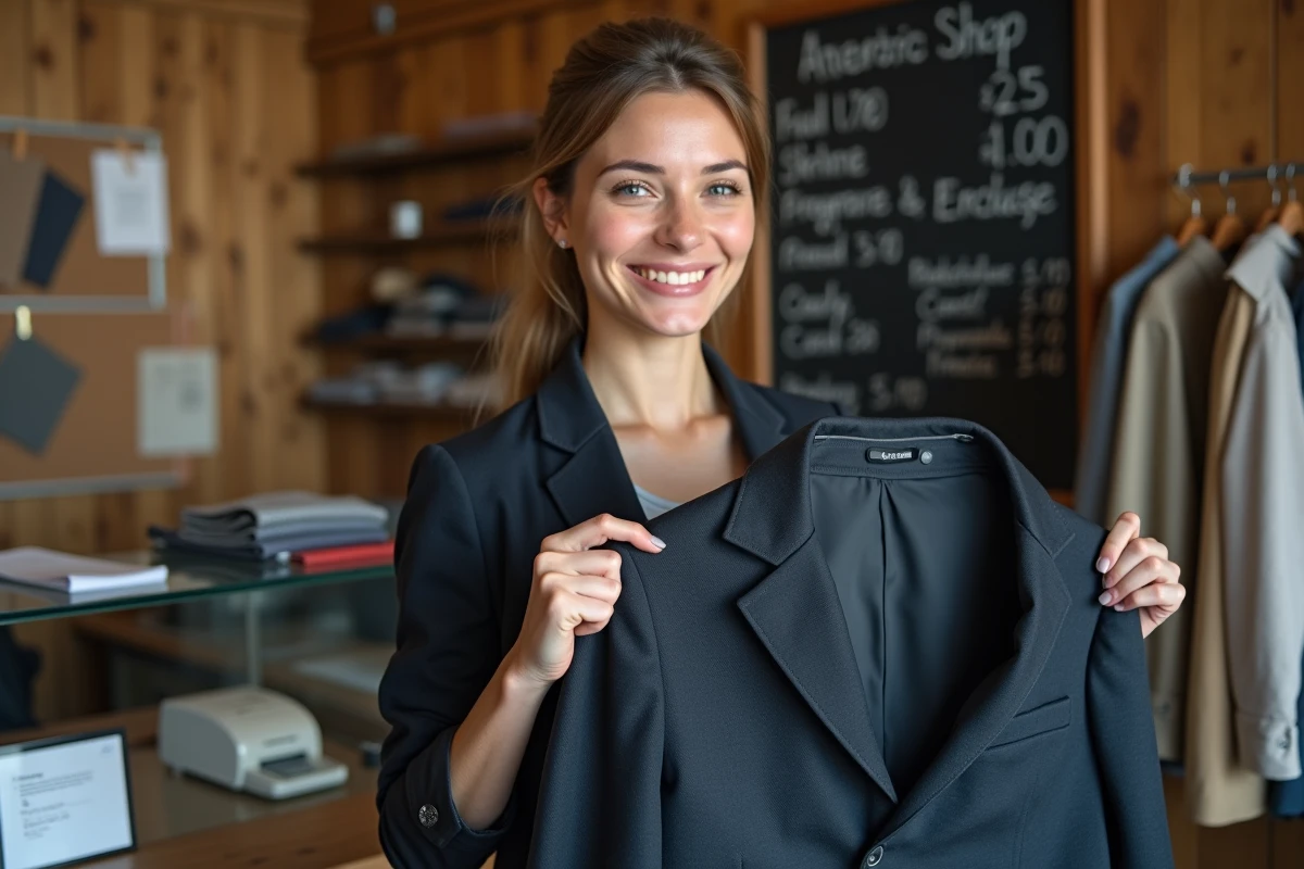 Cliente satisfaite dans une boutique de retouche pas cher tenant un blazer retaillé avec un tableau de prix artisanal en fond