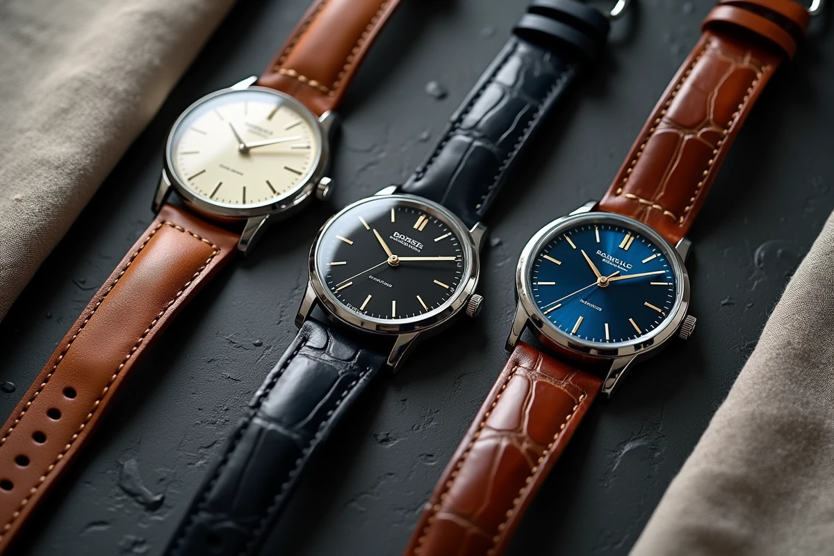 Collection de montres élégantes en acier sur ardoise avec bracelet cuir, style editorial magazine horlogerie