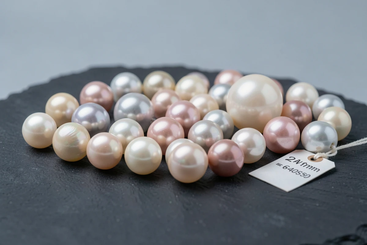 Collection de perles de culture de différentes tailles et qualités posées sur une ardoise noire avec une étiquette de prix