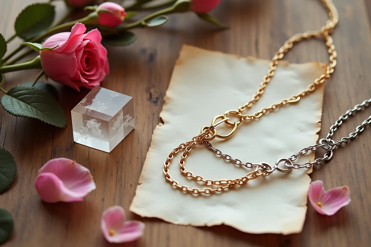 Deux colliers entrelacés posés sur une surface en bois avec des pétales de rose séchés et un cristal, représentant la signification spirituelle d'un collier emmêlé dans l'amour