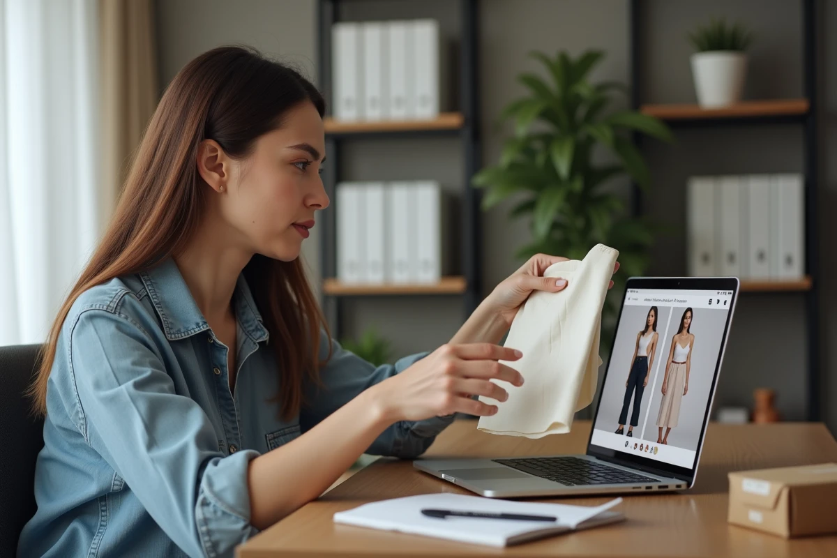 Femme comparant un article reçu de Thebradery.com avec la fiche produit affichée sur son ordinateur portable