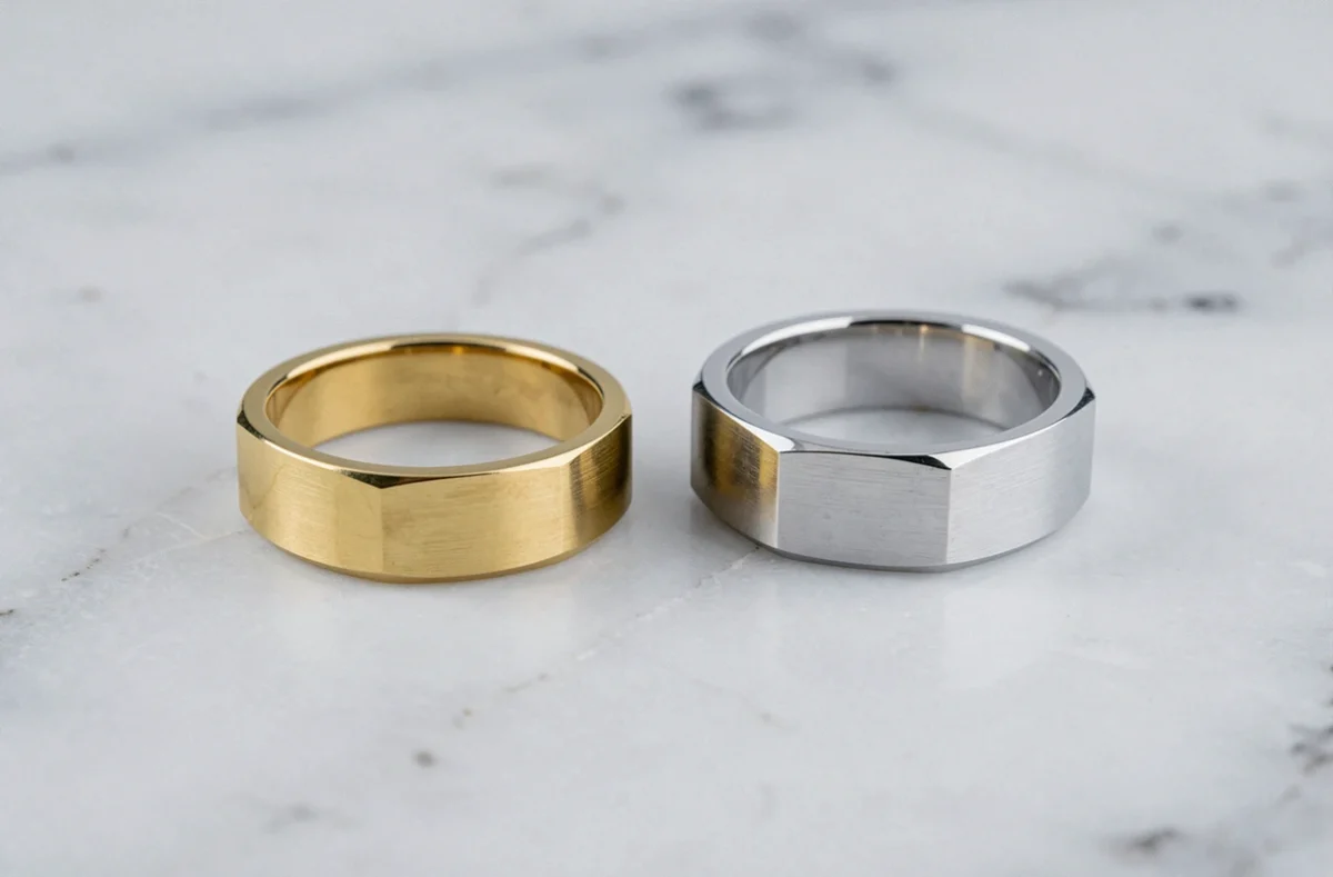 Comparaison côte à côte d'une chevalière en or blanc 18 carats et d'une chevalière en or jaune sur marbre blanc, mettant en valeur les différences de teinte et de qualité