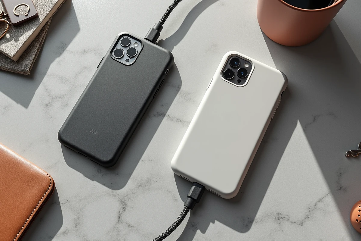 Comparaison de trois coques de téléphone avec cordon différents en vue à plat sur fond gris