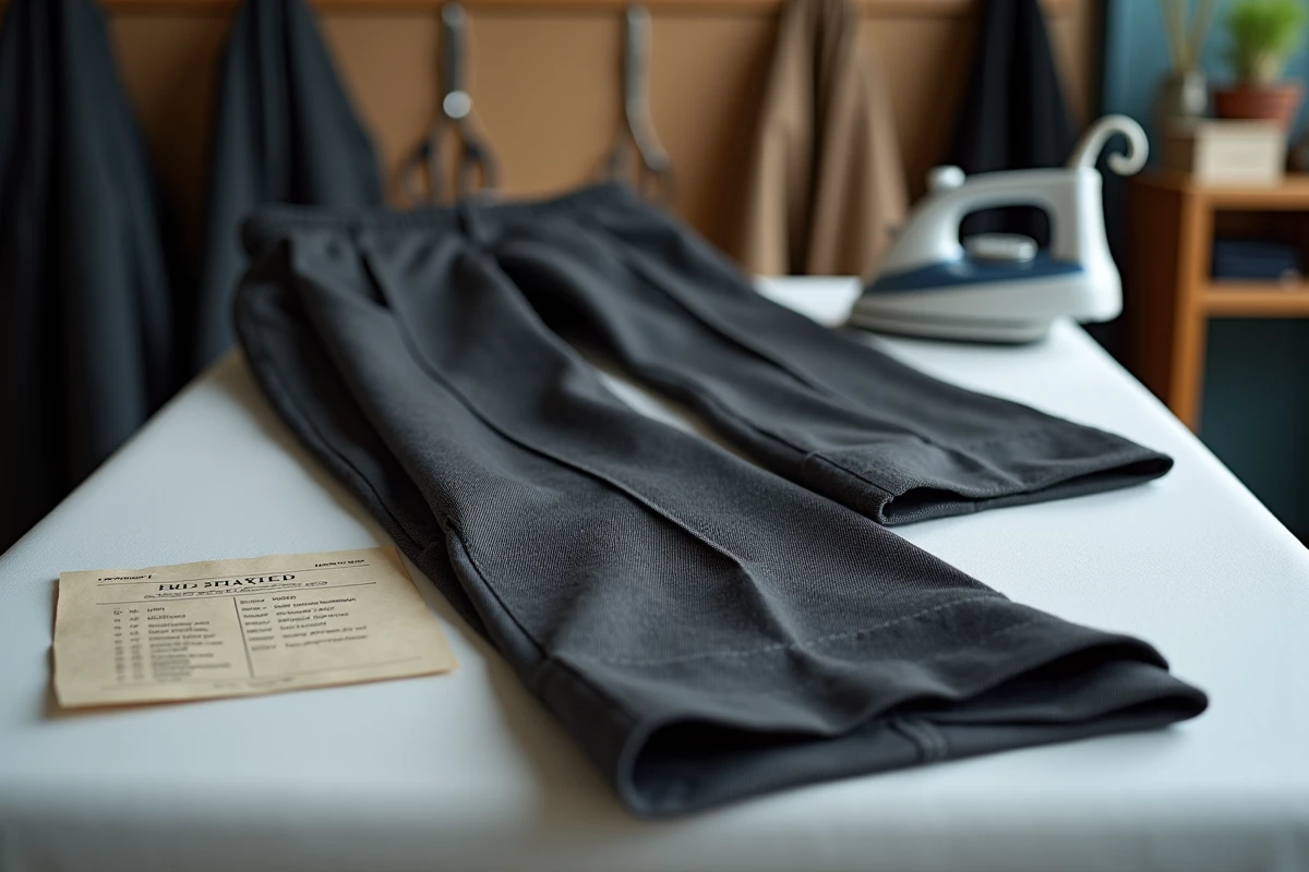 Gros plan sur un ourlet simple et un ourlet avec revers sur un pantalon gris pressé sur une planche à repasser dans une boutique de retouche