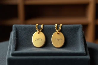 Comparaison côte à côte d'un pendentif en or massif et d'un pendentif plaqué or sur plateau de velours, avec gravure en lettres cursives
