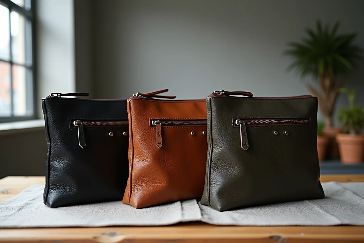 Comparaison de trois pochettes pour homme en cuir lisse, grainé et mat posées sur une table en chêne brut