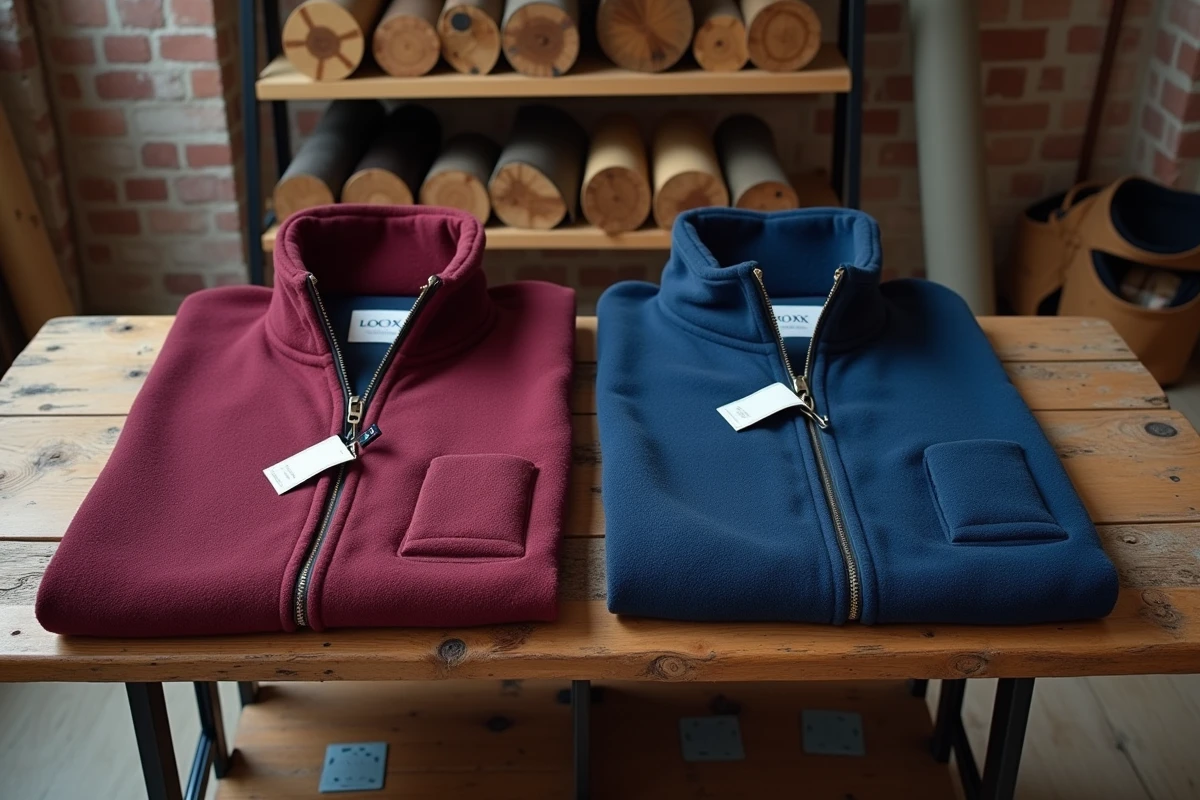 Comparaison de deux ponchos polaires bordeaux et bleu marine posés à plat sur une table en bois dans un atelier textile