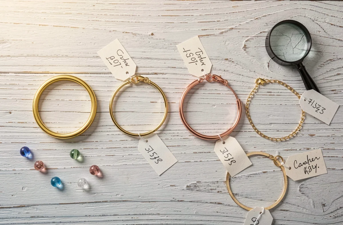 Comparatif flat lay de bracelets en or et alternatives dorées avec étiquettes de prix sur bois blanc