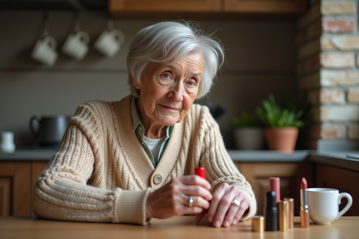 Femme âgée vérifiant la date de péremption des rouges à lèvres