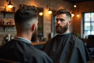 Homme aux joues rondes avec une coupe courte dégradée dans un salon de coiffure moderne, reflet dans le miroir