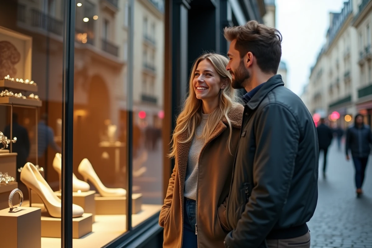 Jeune couple admirant une bague dans une vitrine parisienne